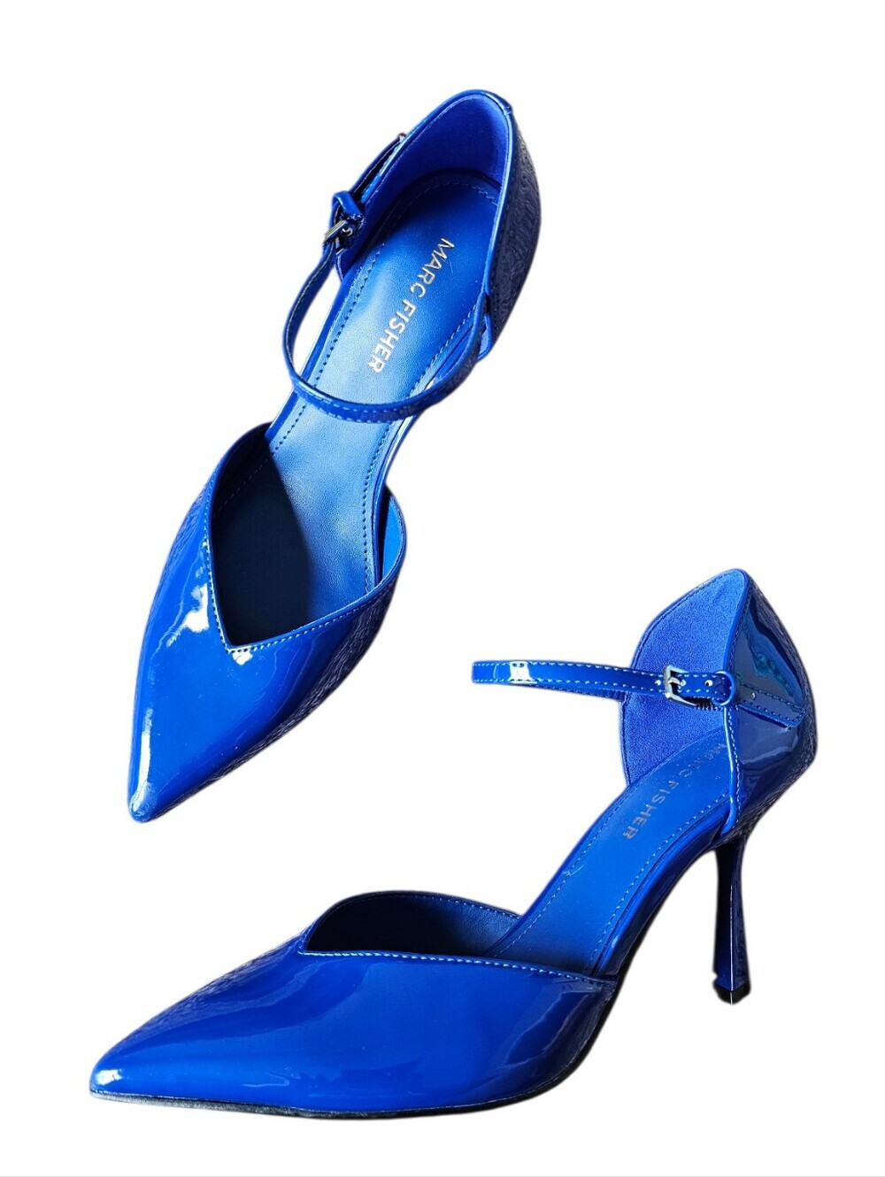Marc Fisher Haben Electric Blue Patent Pointed-Toe Heels with Ankle Strap Size 7